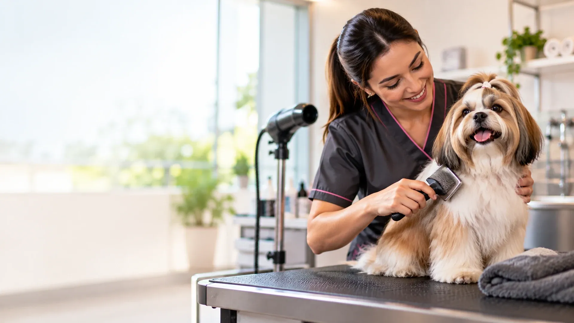Cão de pelo longo sendo escovado na mesa de banho e tosa