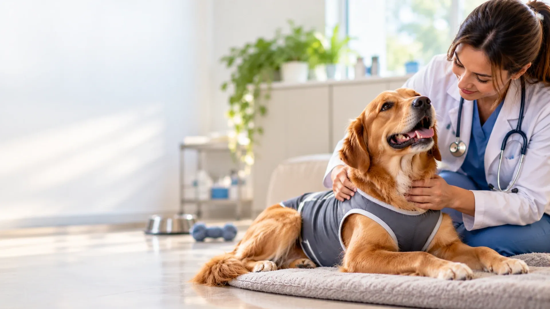 Cão usando roupa cirúrgica em recuperação tranquila depois da castração