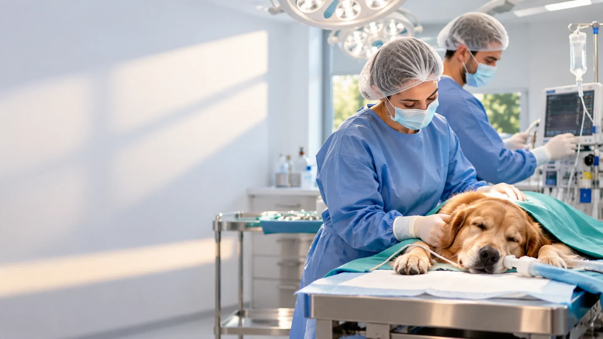 Equipe veterinária preparando o centro cirúrgico para um procedimento em cão