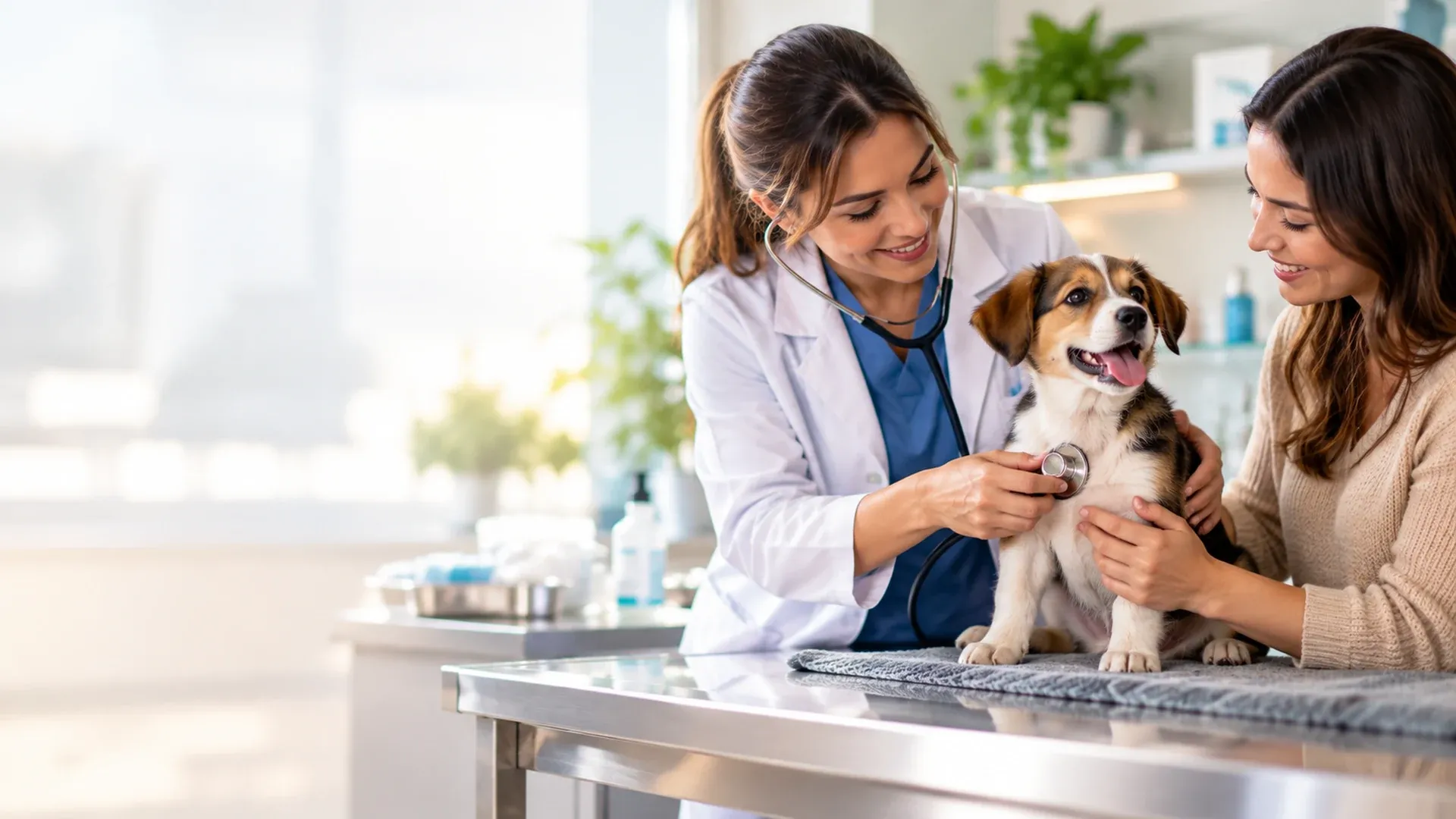 Veterinário auscultando um filhote de cão na mesa do consultório antes da vacina