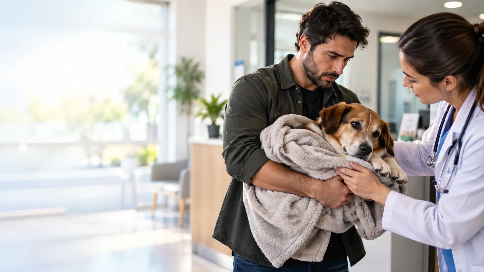 Tutor segurando com cuidado um cão abatido enrolado numa manta a caminho do veterinário