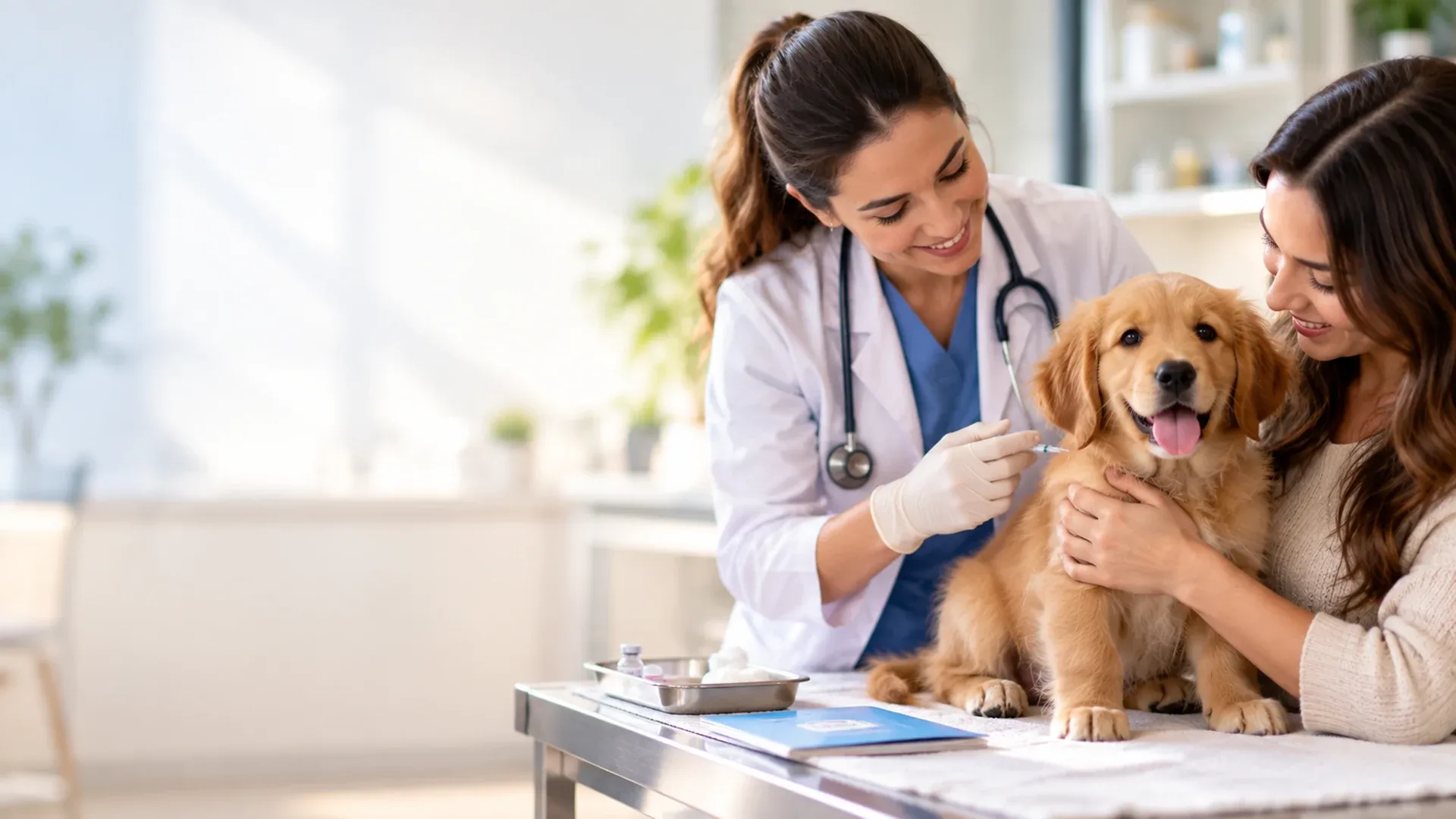 Filhote de cachorro no colo do tutor durante a aplicação de vacina no consultório