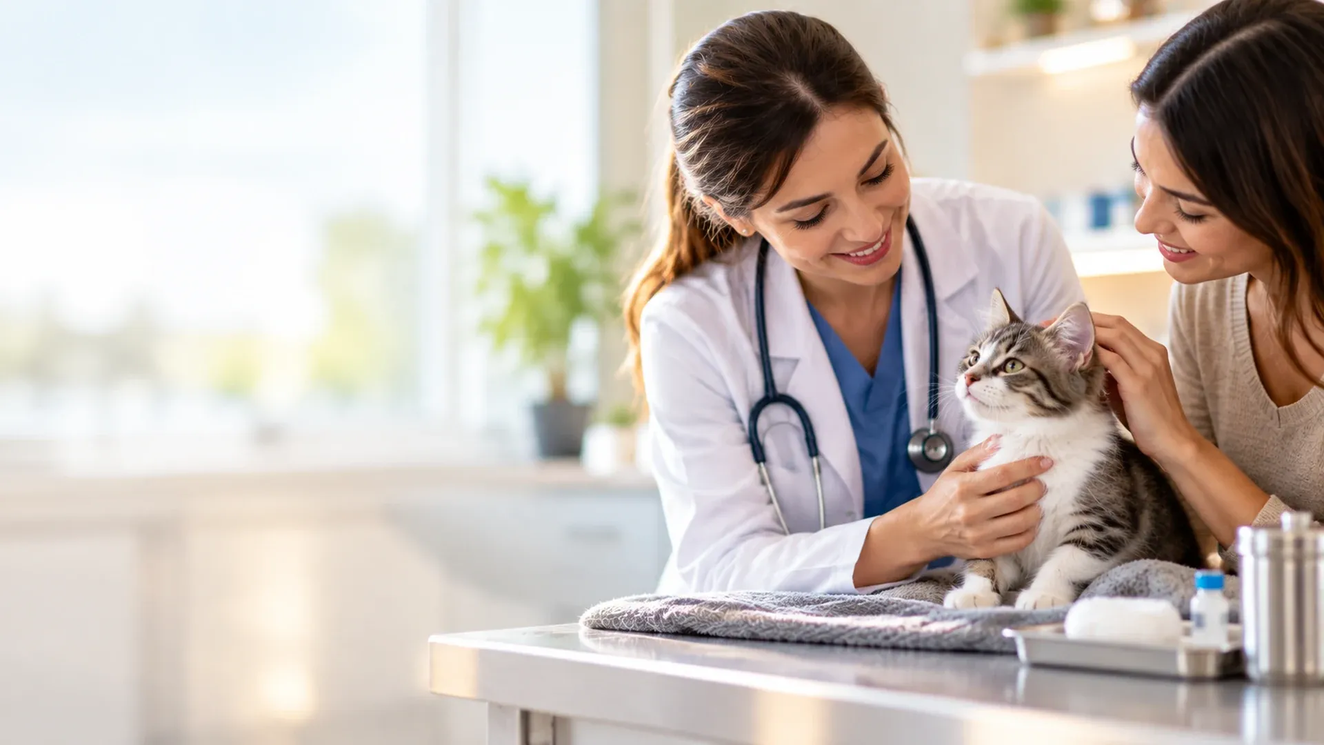 Gato filhote tranquilo sobre uma toalha na mesa do consultório veterinário