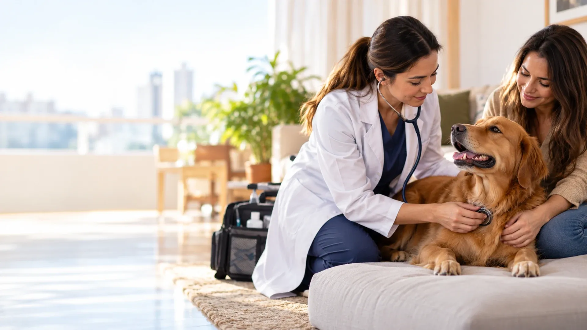 Atendimento veterinário a um cão na sala de casa, ao lado do tutor